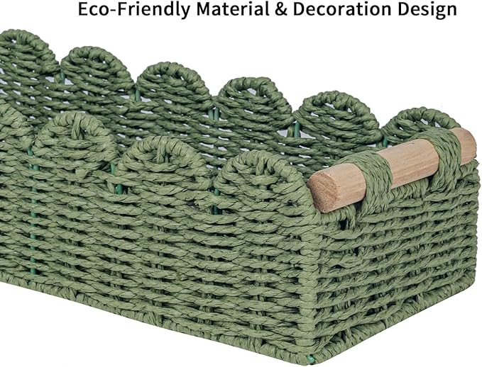 CubesLand Scalloped Decor Basket for Living Room, Home, Bathroom, 2SAME SIZE Paper Rope Basket, Toilet Storage Baskets for Over Toilet Storage Shelf, Cozy Woven Basket Both Storage&Decor, Green