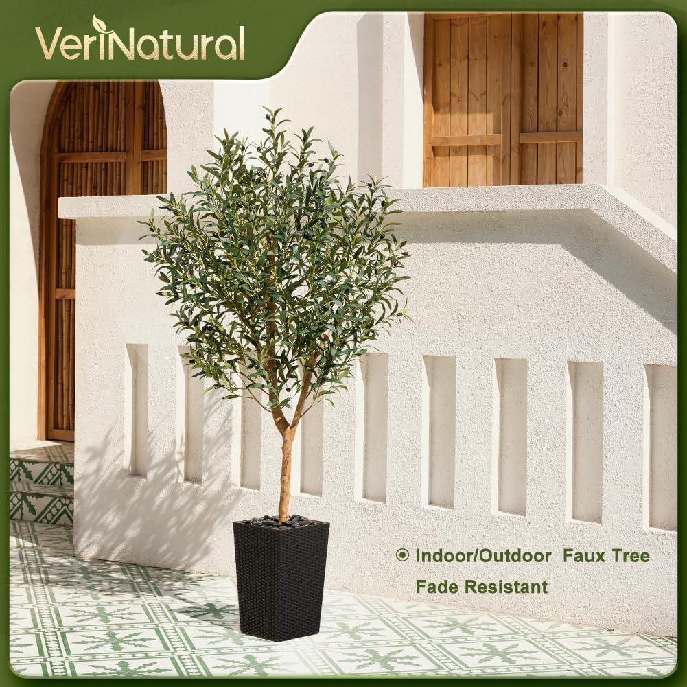 Artificial Olive Tree 6FT, Faux Olive Trees with Real Wood Trunk, UV Resistant Fake Plants in Planter & River Rocks, Indoor Tall Silk Plant for Home Living Room Office Outdoor Decor, VN133