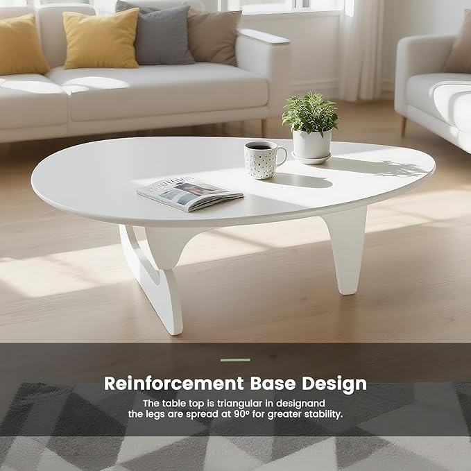 Solid Wooden Modern Triangle Coffee Table: Unique Funky Coffee Tables for Living Room, Oval Mid-Century Irregular Abstract Tea Tables for Patio Office Balcony Bedroom (White, 43" L x 31" W x 16" H)
