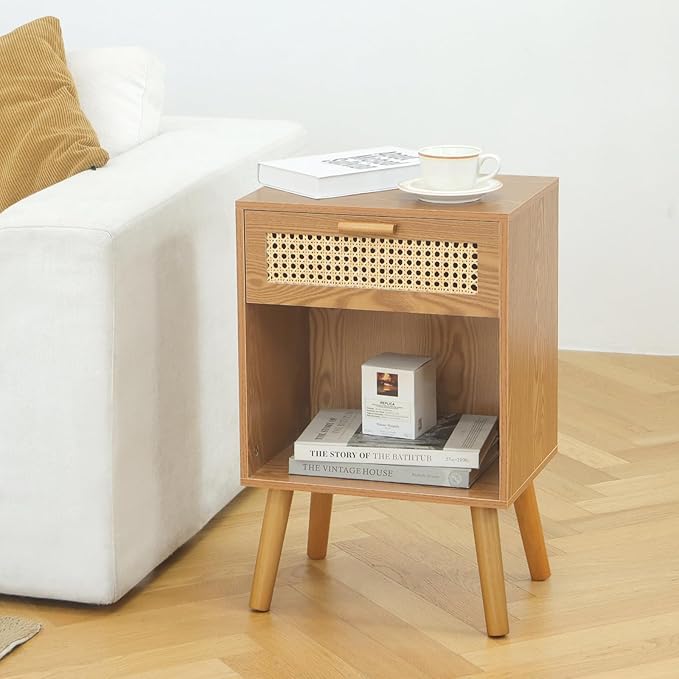 Mid Century Modern Nightstand, Rattan Bedside Table with Drawer and Open Shelf, Wood Nightstand Modern Side Table for Living Room, Bedroom and Small Space, Brown