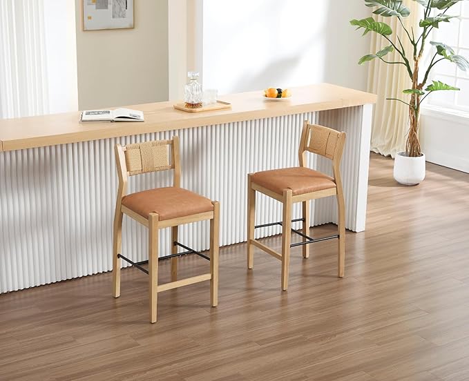 CIMOTA Rattan Counter Height Bar Stools Set of 2, 26" Farmhouse Barstools with Woven Backs, Boho Wood Bar Chairs Leather Upholstered Counter Stools for Kitchen Island/Counter/Bar, PU Brown