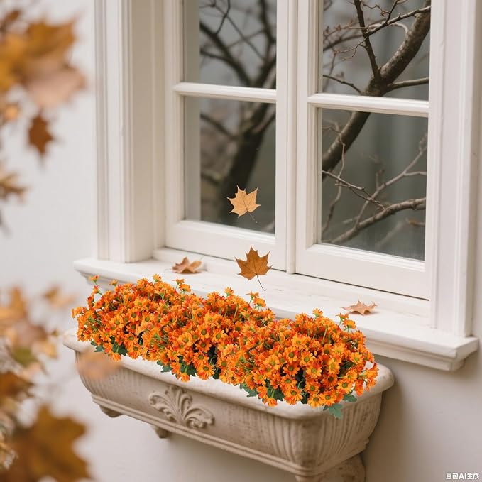 10 Bundles Artificial Mums Flowers for Fall Outdoors Planters Orange Artificial Daisy Flowers Fake Fall Mums UV Resistant Faux Silk Flowers for Home Indoor Decor Thanksgiving Window Box