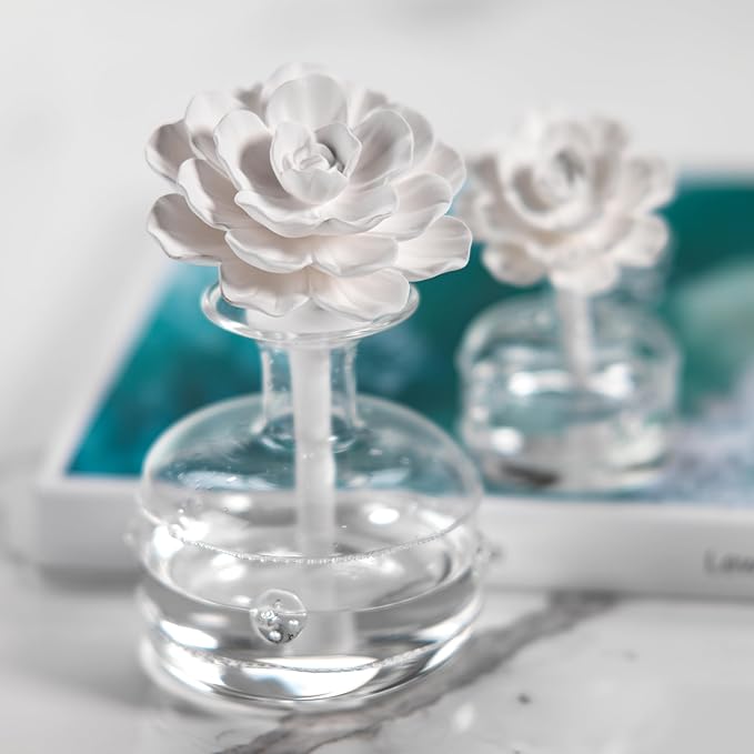 Zodax Grand Casablanca Reed Diffuser - Home Fragrance Oil Diffuser Ideal for Living Room, Bathroom, Office - Porcelain Flower Design - Gift Box Packaging Included - White Rose - 6.76 Oz.