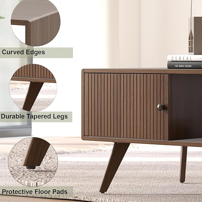 Mid Century Modern Coffee Table with Storage, Walnut Wood Center Table with Cabinet & Open Shelf, Retro Accent Furniture for Living Room & Small Spaces