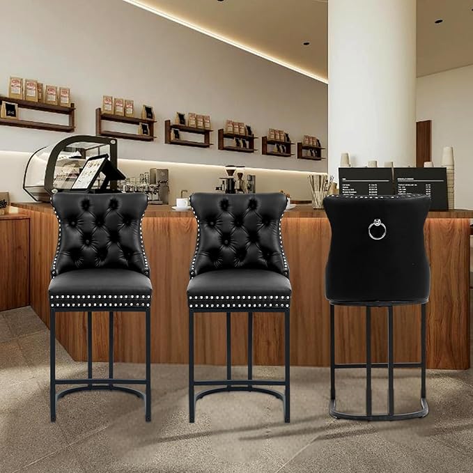 Counter Height Bar Stools Set of 2, 24" Modern Barstools with Back, Faux Leather Upholstery Counter Chairs with Metal Legs for Kitchen Island, Bar, Counter, Black