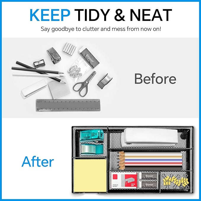 Desk Drawer Organizer, Office Drawer Divider Organizer Tray with 6 Compartments, Metal Mesh Desktop Organization and Accessories for Stationery Makeup Kitchen Toolroom School & Office, 11x6.1x1.38 in