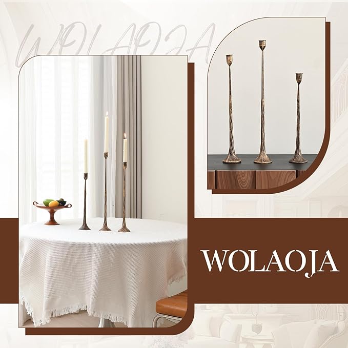 Set of 3 Candle Stick Holders, Iron Antique Gold Candlestick Holders, Fits 3/4 inch Thick Candles, Tapered Candle Holders Tall Set for Dining Table, Wedding, Home Decoration