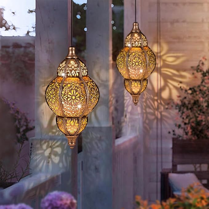 Hanging Solar Lantern Outdoor Decor, Moroccan Solar Lights for Outside Garden Decorations, Waterproof Lanterns Garden Gifts for Mom, Women, Patio, Yard Ornament