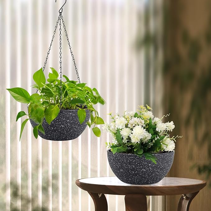 12 inch Large Hanging Planters for Indoor Outdoor Plants, 2 Pack Hanging Flower Pots with Drainage Holes and Chain for Garden Porch, Plastic Hanging Baskets for House Plants, Speckled Black