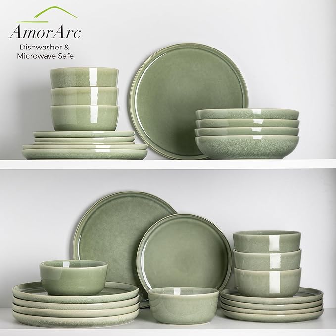 AmorArc Stoneware Dinnerware Sets,Round Reactive Glaze Ceramic Plates and Bowls Set,Highly Scratch Resistant | Dishwasher & Microwave Safe Dishes,Service for 6 (18pc)