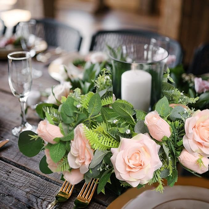 Felice Arts 2 Pack Pink Artificial Rose Garland Each 6.5FT Fake Rose Vine Hanging Floral Garland for Wedding Swing Table Centerpiece Arrangement Decor