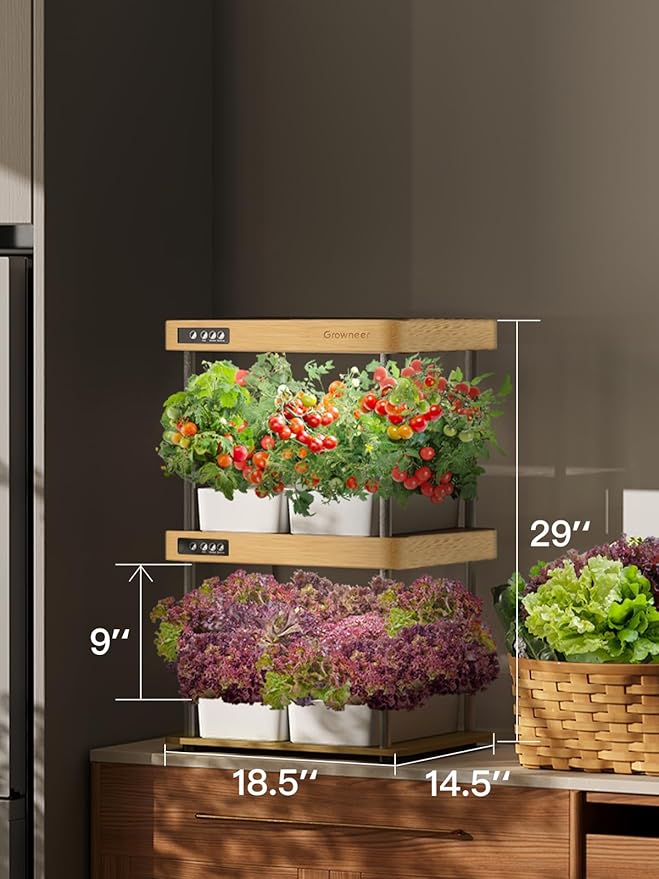 GROWNEER HydroEasy1.0 Hydroponic Growing System, 2-Tier Indoor Garden with Full-Spectrum LED Grow Lights, 32 Pods, Solid Wood Design, Independent Water Circulation, Ideal for Vegetables, Herbs, Bamboo