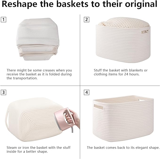 OIAHOMY 4 Pack Storage Baskets for Organizing, Cube Storage Bins for Shelves, Rectangle Storage Baskets With Handles, Woven Baskets for Storage, 12.7''Lx9''Wx7.8''H, White