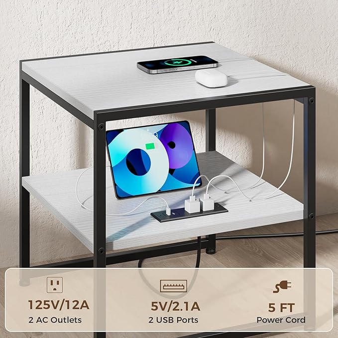 Tatub 20" End Table with Charging Station, Industrial Square Side Table with USB Ports & Outlets, Versatile 2-Tier Small Nightstand for Bedroom Living Room, White