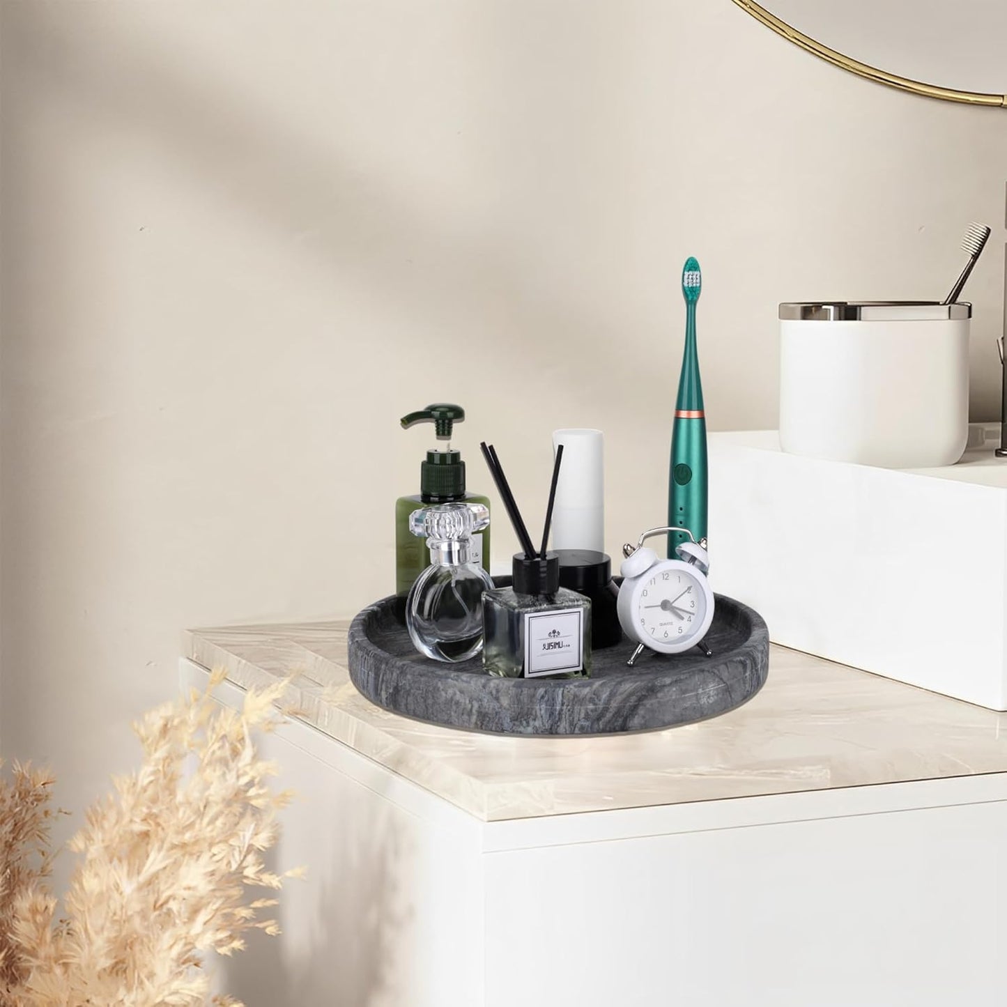 WORHE Natural Marble Vanity Tray for Bathroom Bedroom Kitchen Dresser, Round Decorative Trays for Jewelry, Perfume, Cosmetic, Candle, Countertop Storage Organizer for Home Decor Gray Black (WH017)