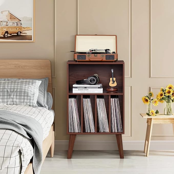 Lerliuo Record Player Stand, Walnut Turntable Stand Holds up to 160 Albums, Mid-Century Vinyl Storage Cabinet Table with Solid Wood Legs, Record Player Holder Dispaly Shelf for Bedroom Living Room
