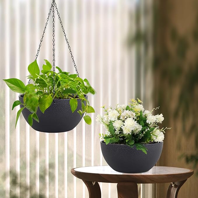 12 inch Large Hanging Planters for Indoor Outdoor Plants, 2 Pack Hanging Flower Pots with Drainage Holes and Chain for Garden Porch, Plastic Hanging Baskets for House Plants, Black