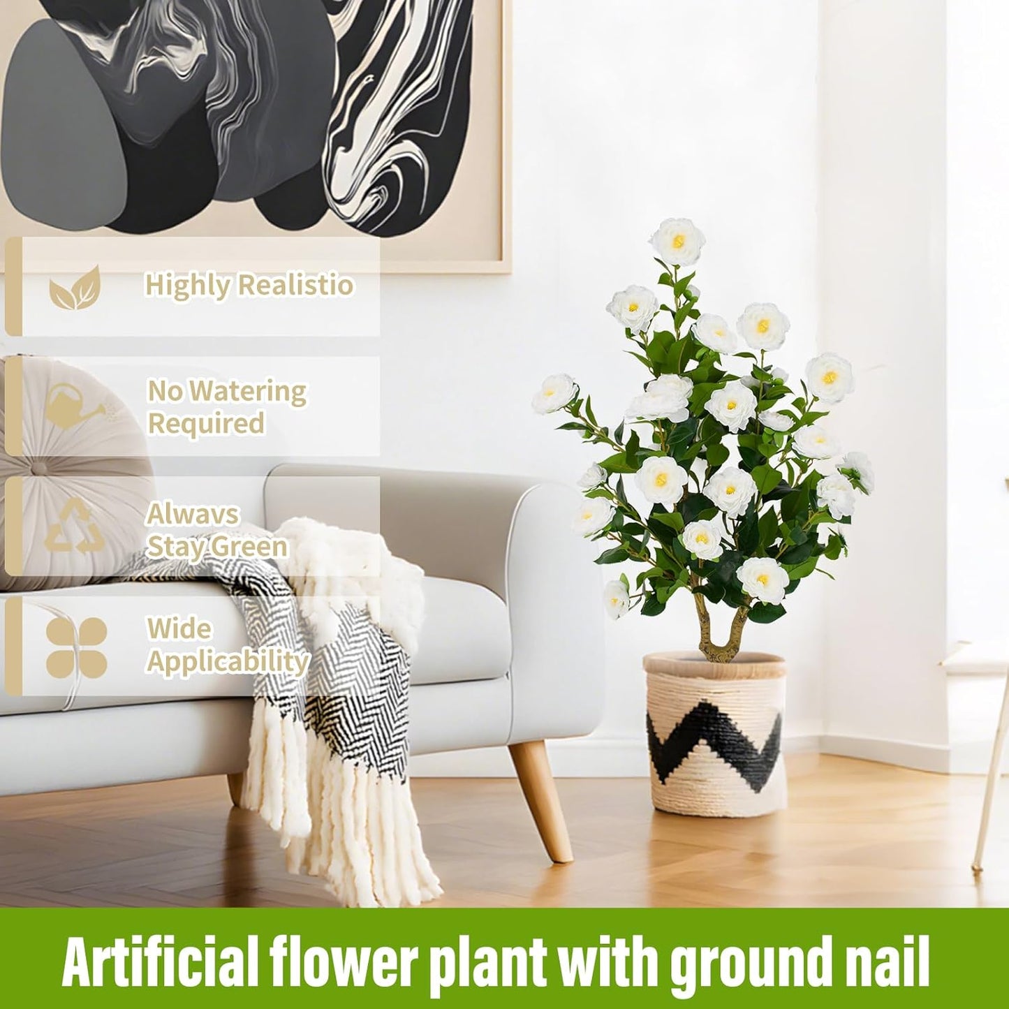 Romantic Season 2Pack 36" Artificial Camellia Tree with Ground Spike - White Faux UV Resistant Blooming Bush, Lifelike Camellia Flowers for Indoor Outdoor Decor, Perfect for Wedding