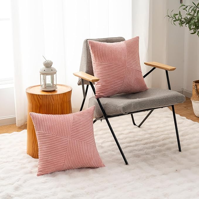 Decorative Throw Pillow Covers 16x16 Inch Set of 2 for Boho Living Room Farmhouse Home Decor, Spring Pillow Covers for Couch Bed, Soft Corduroy Striped Patchwork Cushion Cases, Blush Pink