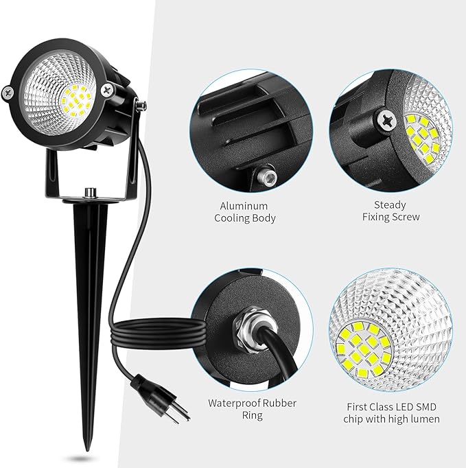 Outdoor Spotlight Cool White 6000K, 10W LED Spot Lights Outdoor for Yard Garden Tree, 120V Plug in Landscape Lighting with IP65 Waterproof for Halloween Christmas Decor, 2 Pack