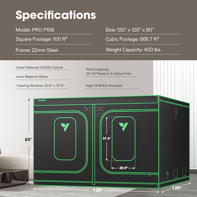 VIVOSUN P108 120"×120"×80" PRO Grow Tent, with Thick 1 inch Poles, Strengthened High Reflective Mylar Oxford Fabric, Extra Hanging Bars & High CFM Kit for Hydroponics Indoor Plant for VSFD6500×4