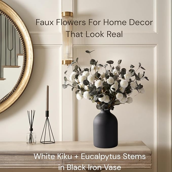 RyddeligHome White Faux Flowers for Vase - Kiku 10 Stems & Eucalyptus, Fake Flowers Stems for Pottery Vase, Realistic Artificial Flowers, Pom Pom Balls for Aesthetic Farmhouse Barn Room Decor