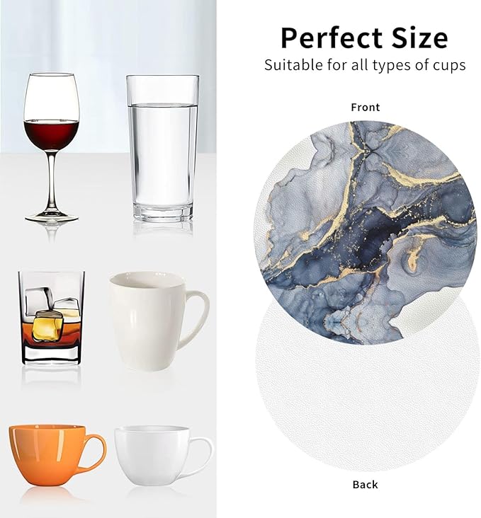 Navy Blue Gold Marble Coasters Set of 6 Coasters for Drinks Absorbent Double-Sided Leather PVC Coaster for Tabletop Protection Coffee Table Decor Ideal for Home Decor House Warming Gifts
