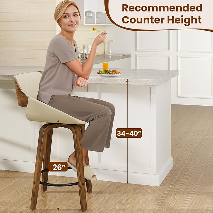 Bar Stools Set of 1, 26" Swivel Counter Height Barstools with Walnut Bentwood Back and Legs, Mid-Century Modern Faux Leather Upholstered Cream Bar Chairs for Kitchen Island, Café, Dining Room, Beige