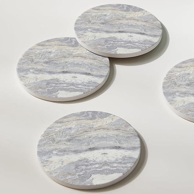 Set of 6 Light Gray Abstract Onyx Marble Coasters with Holder, Absorbent Ceramic Drink Coasters for Table Protection, Coffee Table Decor