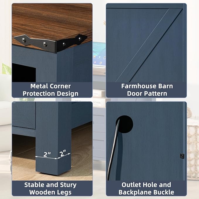 Nightstand with Charging Station, Farmhouse Night Stand with 2 Drawers and Shelf Storage, Blue Wooden Side End Table, Bedside Cabinet for Bedroom, Living Room, Closet,Office