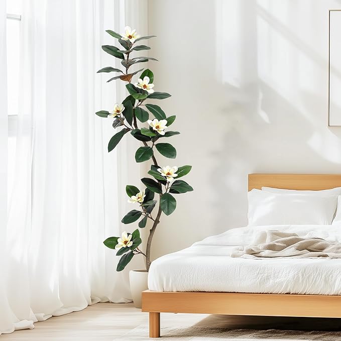 Rubber Tree 6 ft Artificial Tree in White Planter Pot, Faux Plants Indoor Faux Floor Plant Artificial Plants with 7 Pcs Magnolia Flowers for Home Decor, Artificial Fiddle Leaf Fig Tree for Office