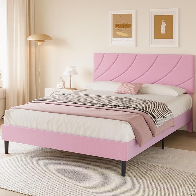 HOMBCK Queen Bed Frame with Adjustable Headboard, Queen Size Bed Frame with Linen Fabric Upholstered and Wooden Slats Support, No Box Spring Needed, Noise-Free, Easy Assembly, Pink