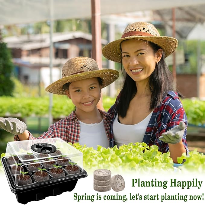 Halatool 4 Pack Seed Starter Tray with 50 PCS Peat Pellets, 48 Cells Black Seeding Starter Trays for Organic Seed Starter Soil Pods for Planting Vegetables Plants Flowers - Starting Seeds Kit