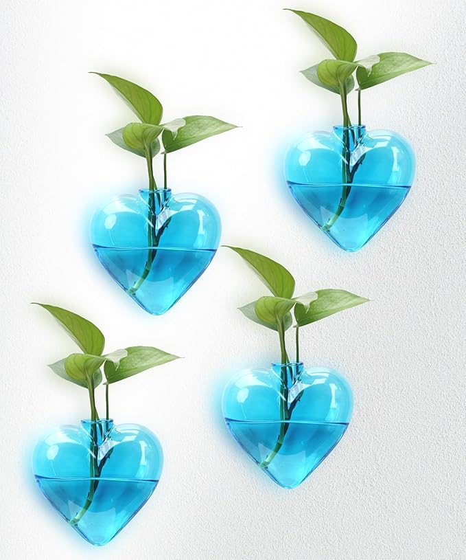 Nacome Wall Hanging Glass Planter Terrarium Plant Propagation Station, 4 Pack Heart Shape Vase for Hydroponic Home Office Garden Decor,Unique Gardening Gifts for Plant Lovers Women Mom(Blue)