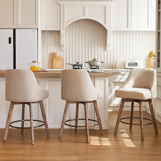 Mid Century Modern Counter Height bar stools Set of 2,360° Swivel barstools with Solid Wood Legs,26'' Island Chairs with Wrap-Around Backrest,Beige Linen Comfort Fabric