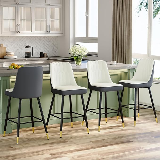 27" Bar Stools Set of 4 - Counter Height Bar Stools Set of 4,Faux Leather Kitchen Island Stools with Sturdy Chrome Metal Leg,Counter Height Stools with Backs,Easy to Assemble