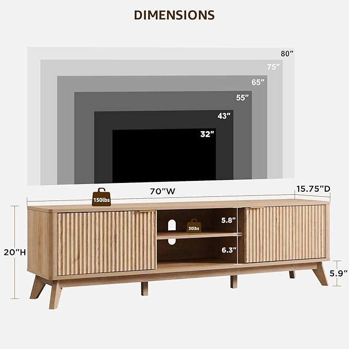 OKD 70" Mid Century Modern Fluted TV Stand, Entertainment Center, Sideboard, Media Console for Living Room with 2 Soft Close Door/Adjustable Shelves (Natural Oak)