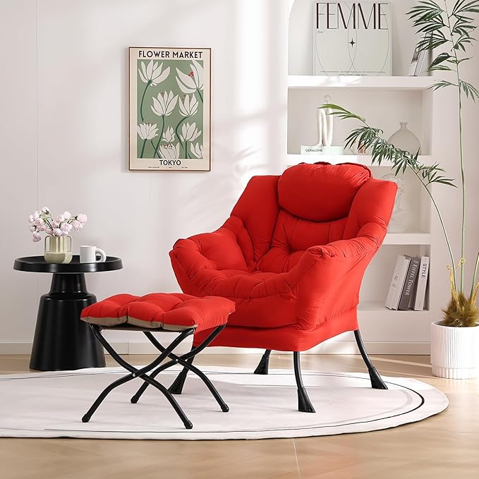Welnow Lazy Chair with Ottoman, Modern Lounge Accent Chair with Armrests and a Side Pocket, Leisure Sofa Armchair Set, Reading Armchair with Footrest for Small Space, Red