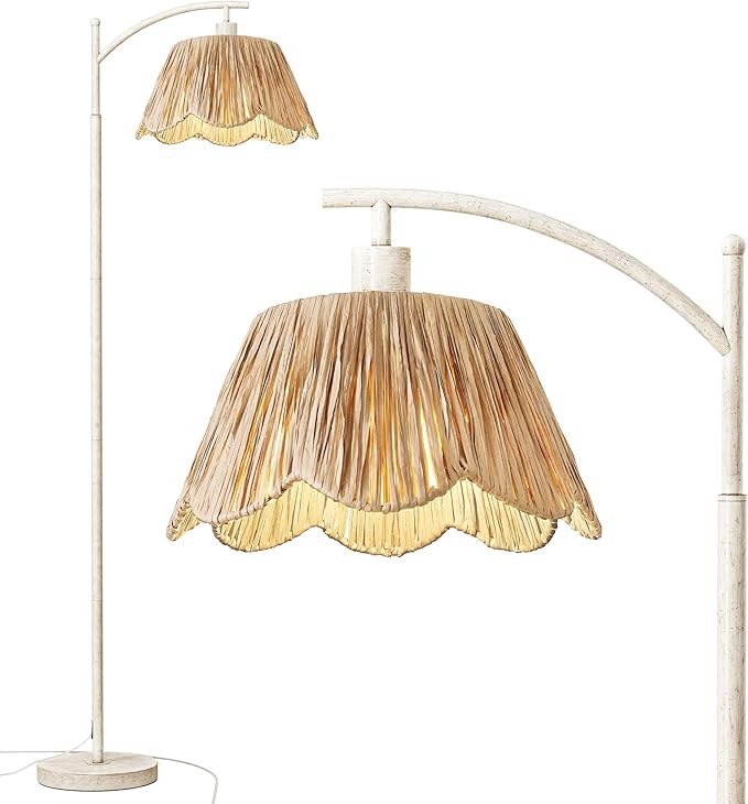 Oneach Farmhouse Floor Lamps for Living Room, Boho Floor Lamp for Bedroom with Foot Switch, Rattan Floor Lamp for Reading with Hand-Woven Shade, Antique White Metal Base & Pole