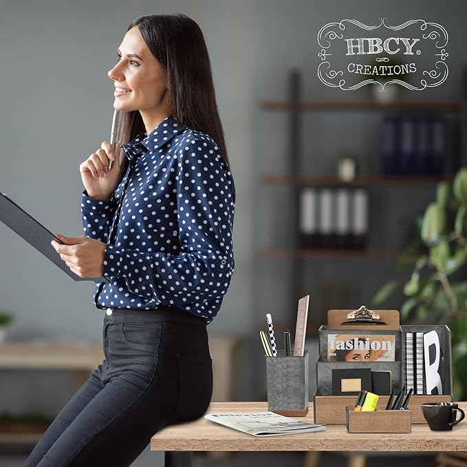 HBCY Creations 3 Piece Galvanized Metal Desk Organizer Set - Rustic Mail Organizer For Desktop - Great For Industrial Home Decor! Makeup Organizer For Vanity