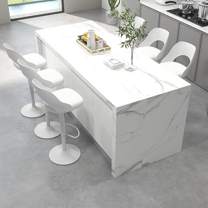 civama Bar Stools Set of 6 for Kitchen Counter, Seat Height Adjustable 25''-33'', Modern Upholstered Swivel Island Chairs with Hollow Backrest Metal Base, White