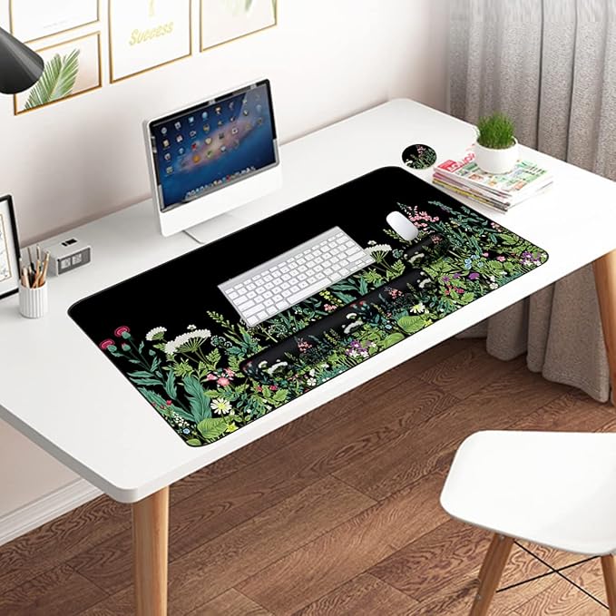 Keyboard Mouse Pad Set, Extended Mouse Pad+Keyboard Wrist Rest Support, Memory Foam Ergonomic Easy Typing, 3Pcs (35.4×15.7 in) Desk Pad Set for Home Office Study Game - Weeds