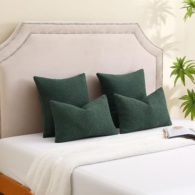 FUTEI Pack of 2 Dark Green Decorative Throw Pillow Covers 16x16 Inch Soft Cozy Solid Boucle Textured Cushion Case,Modern Home Decor for Couch Bed Living Room