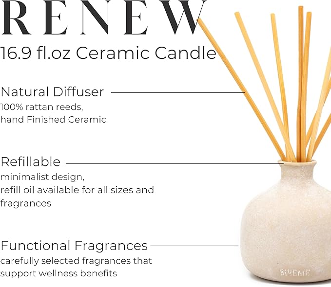 BLUEME Renew-Ivy & Rose, 16.91 Fl Oz Wellness Diffuser, Contains Essential Oil, Sustainable, Hand Finished, Premium, Luxury Ceramic, Natural Rattan Reeds