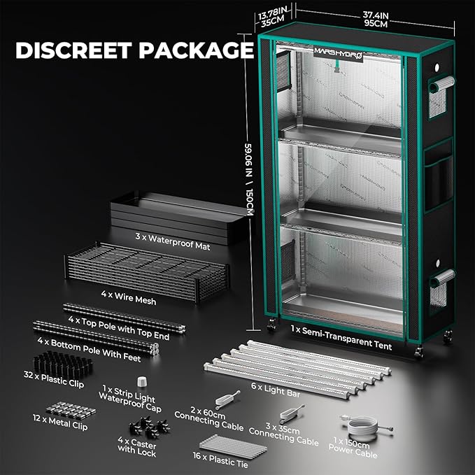 MARS HYDRO 2025 Plant Stand with Grow Lights,4-Tier Plant Shelf with 6 Full Spectrum LED Lamps (150W, 3ft) & Grow Tent | for Vegetables, Seedlings, Plant Growth | 5000K, 37×14×59''