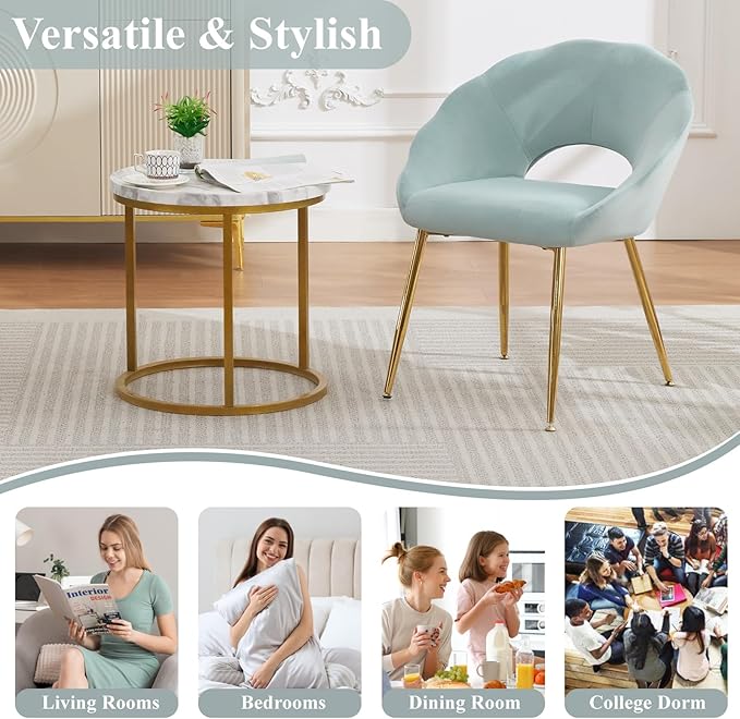 Modern Small Accent Chair Set of 4, Comfy Velvet Vanity Chair with Shell Back & Golden Metal Legs, Decorative Dining Chair no Wheels for Living Room, Makeup Room, Bedroom, Green