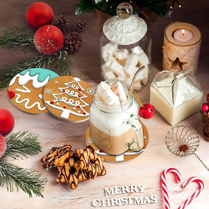 Christmas Absorbent Coasters with Holder Set of 6, Ceramic Stone with Cork Base, Cute Gingerbread Man Coaster for Drinks, Gift for Housewarming Room Bar Home Decor Kitchen