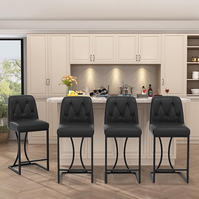 Black Counter Height Bar Stools Set of 4, 24 inch Counter Stools Pu Leather Modern Bar Chairs with Back for Kitchen Island