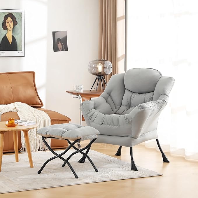 Cozy Lazy Chair and Ottoman, Large Contemporary Accent Lounge Chair Set, Leisure Upholstered Reading Armchair for Bedroom, Living Room, Dorm Rooms, Office