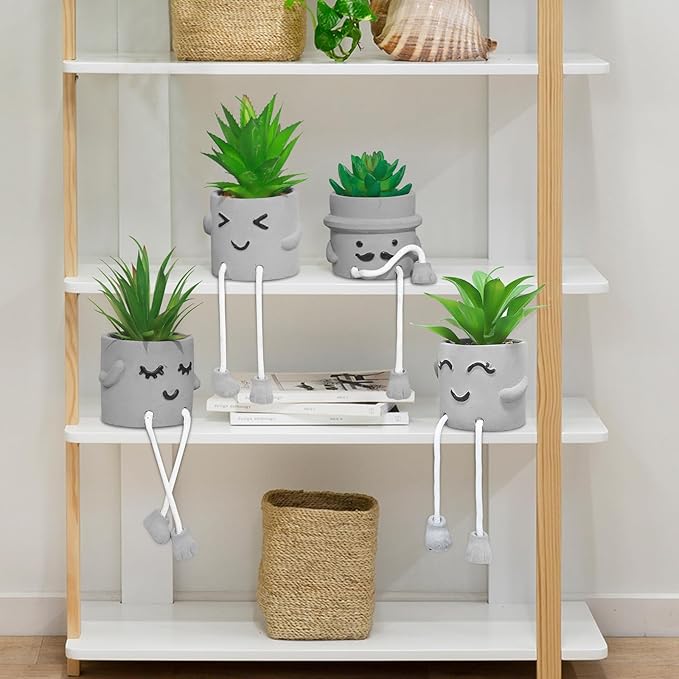 MAKHOT 4 Pcs Creative Artificial Succulent Plants with Cement Pot, Fake Small Plant for Desk Faux Succulents for Bathroom Decor, Mini Plants Succulent Cute Hanging Leg Potted for Office Shelf Decor